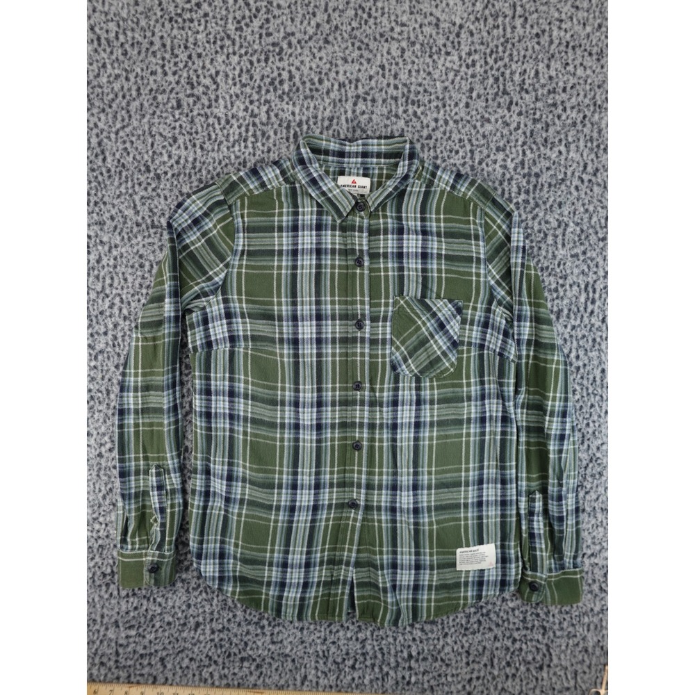 American Giant Flannel Button Down Shirt Mens Medium Green Plaid Made in USA